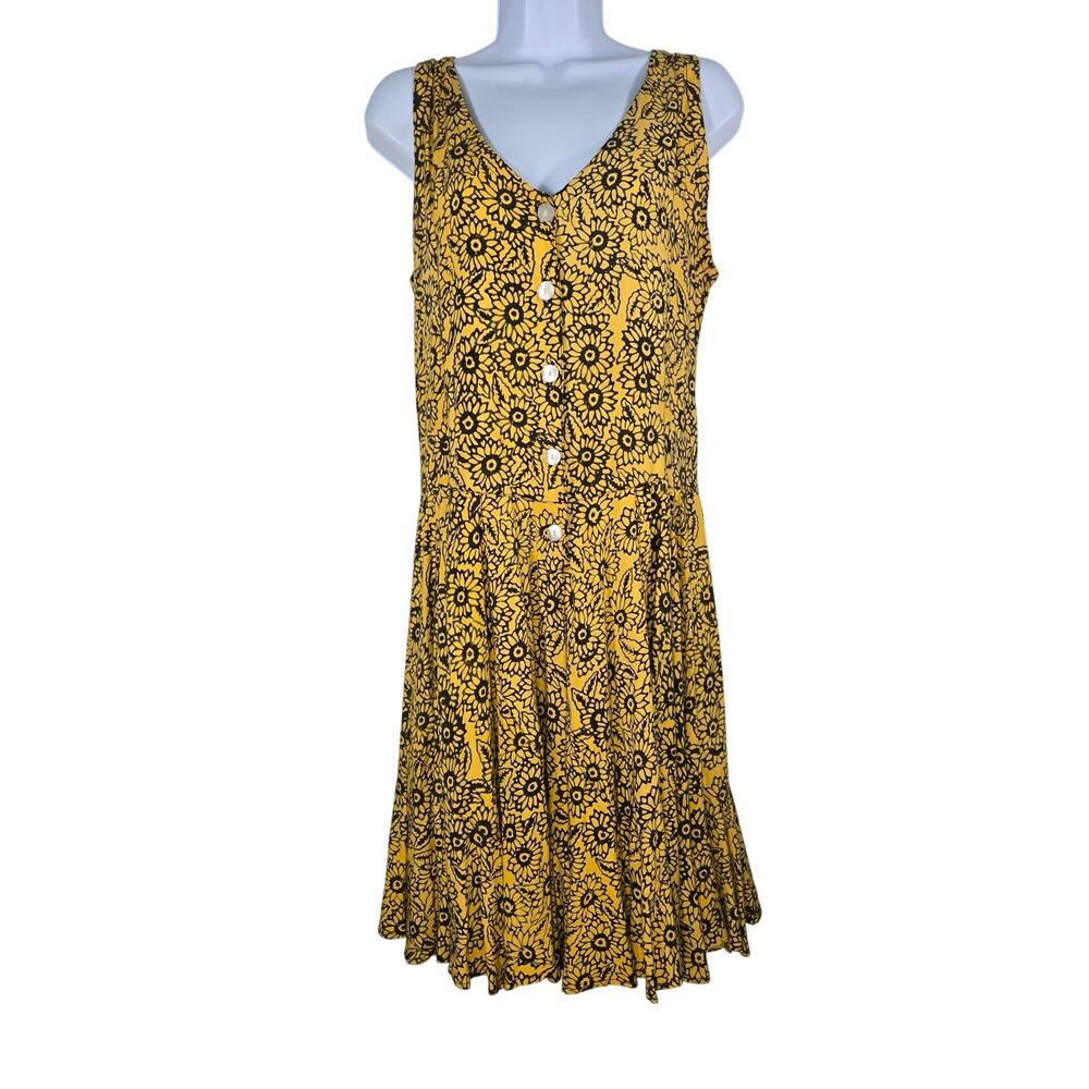 Stylin Brand Womens Yellow/ Black Floral Rayon Drop Waist Button Up Dress Size M